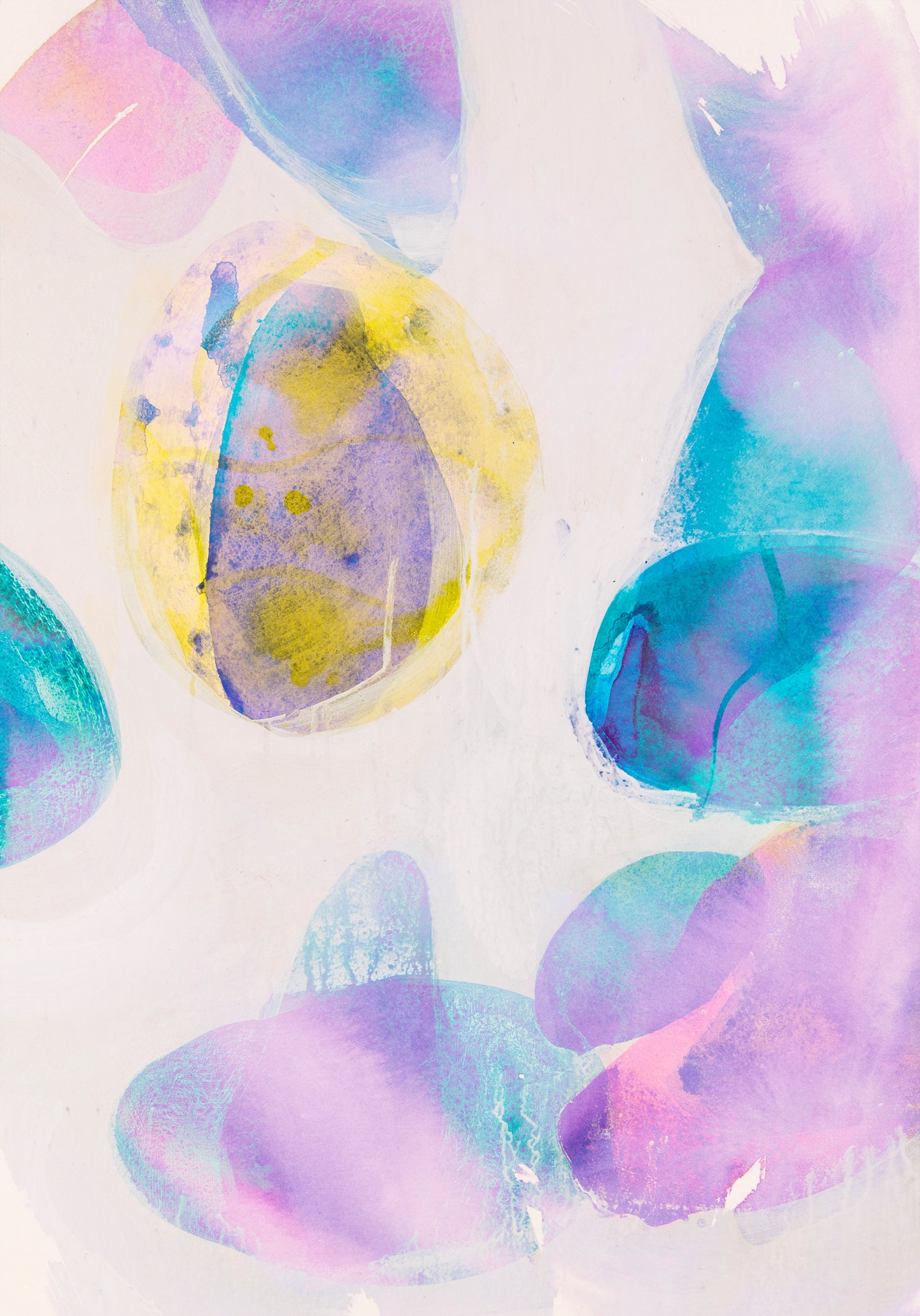 A colorful abstract artwork featuring overlapping geometric shapes in blue, yellow, and purple hues.