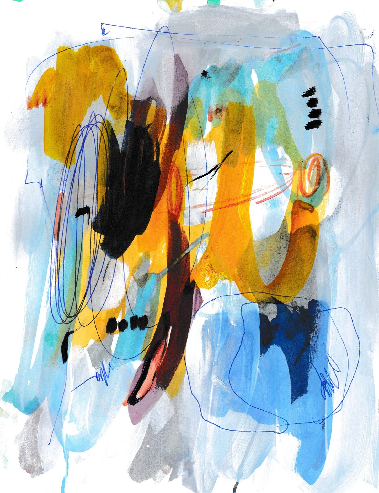 abstract art, original art, yellow accents, blue background art