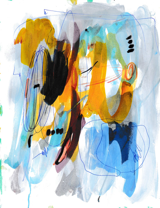 abstract art, original art, yellow accents, blue background art