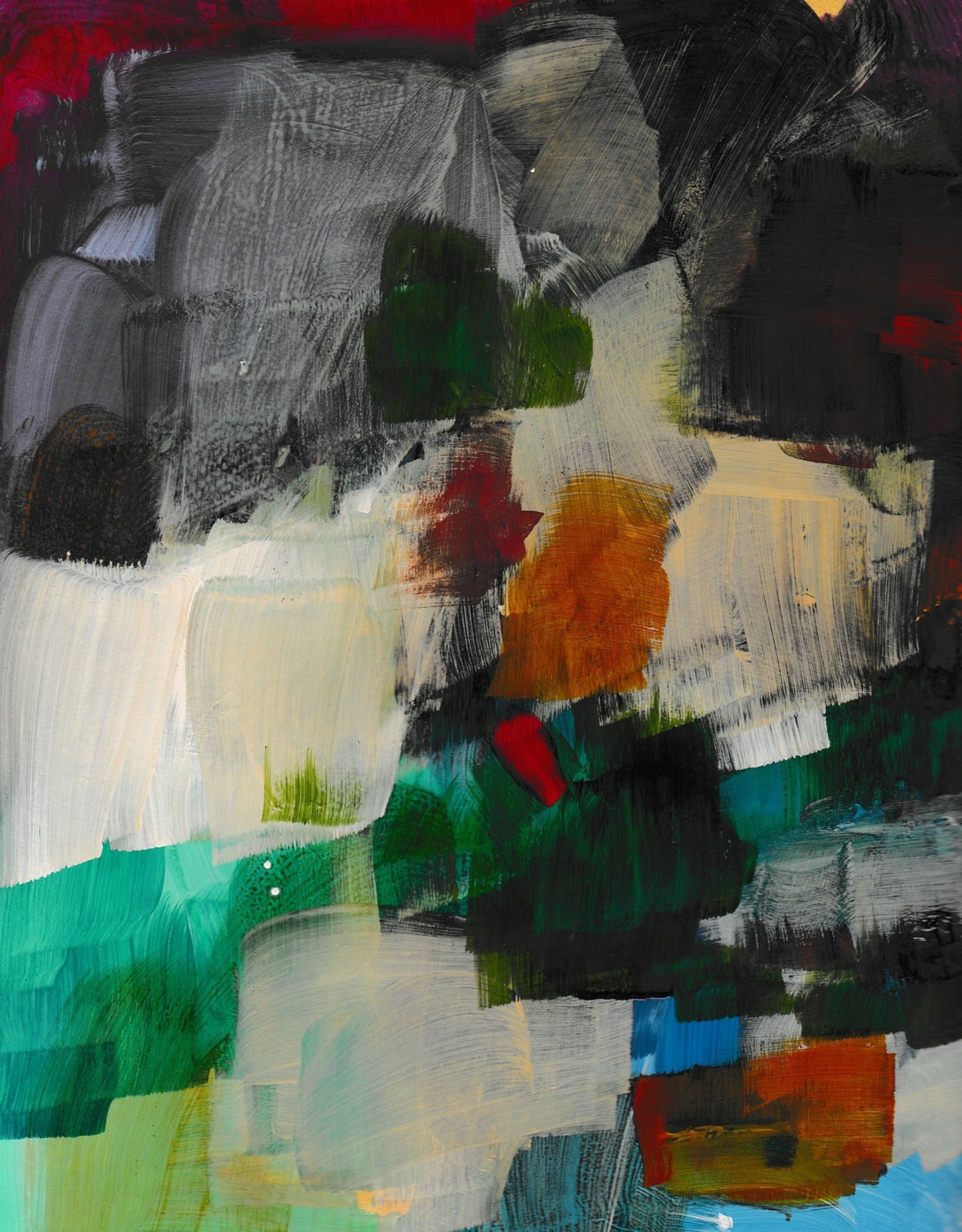 An abstract painting featuring a variety of colors including red, blue, green, beige, and purple, arranged in a complex pattern.