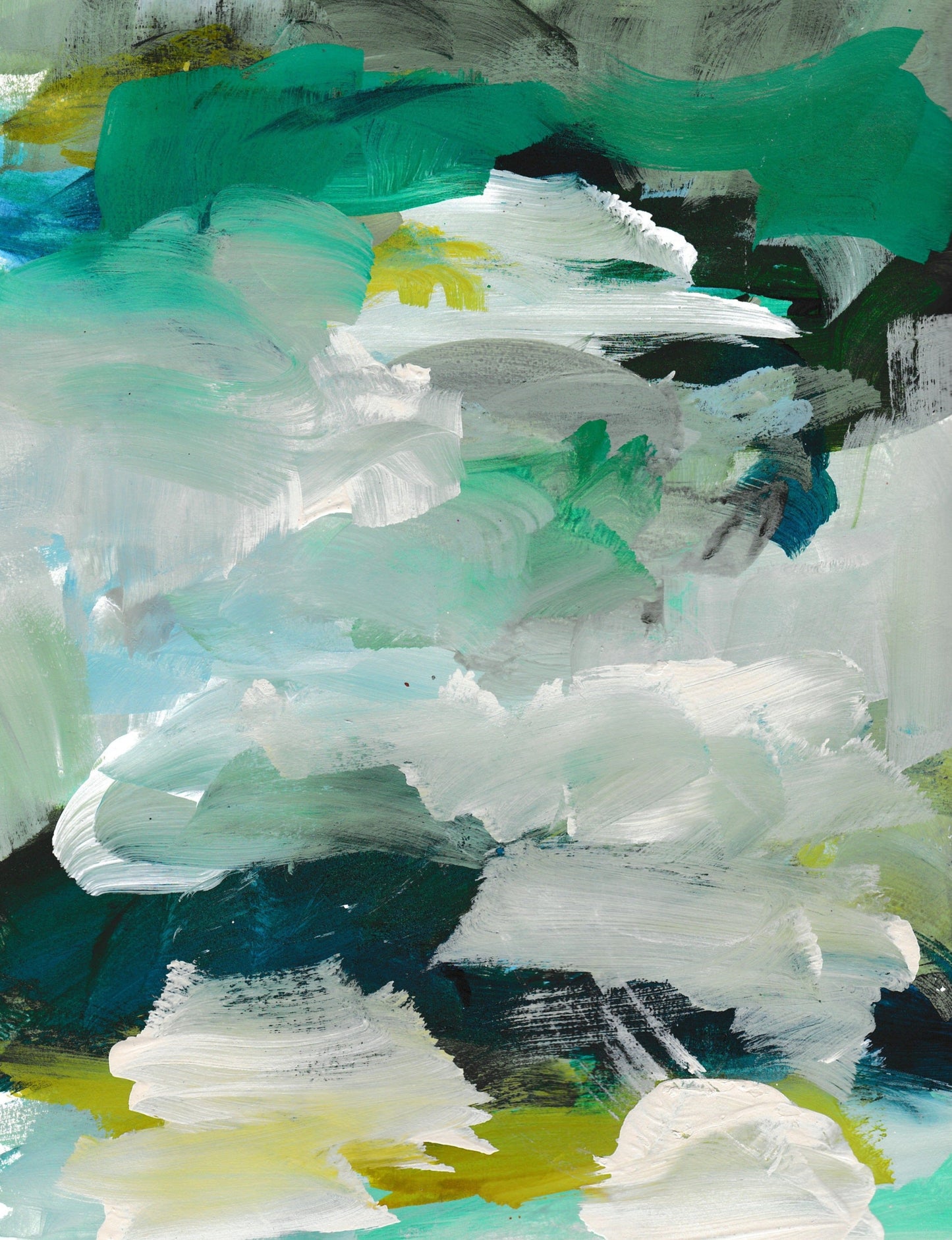 An abstract painting featuring a mossy green and white color palette with bold brush strokes.