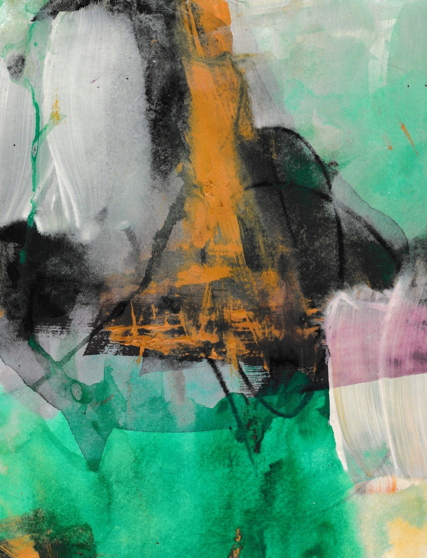 An abstract painting featuring various colors including green, orange, and purple on a white background.