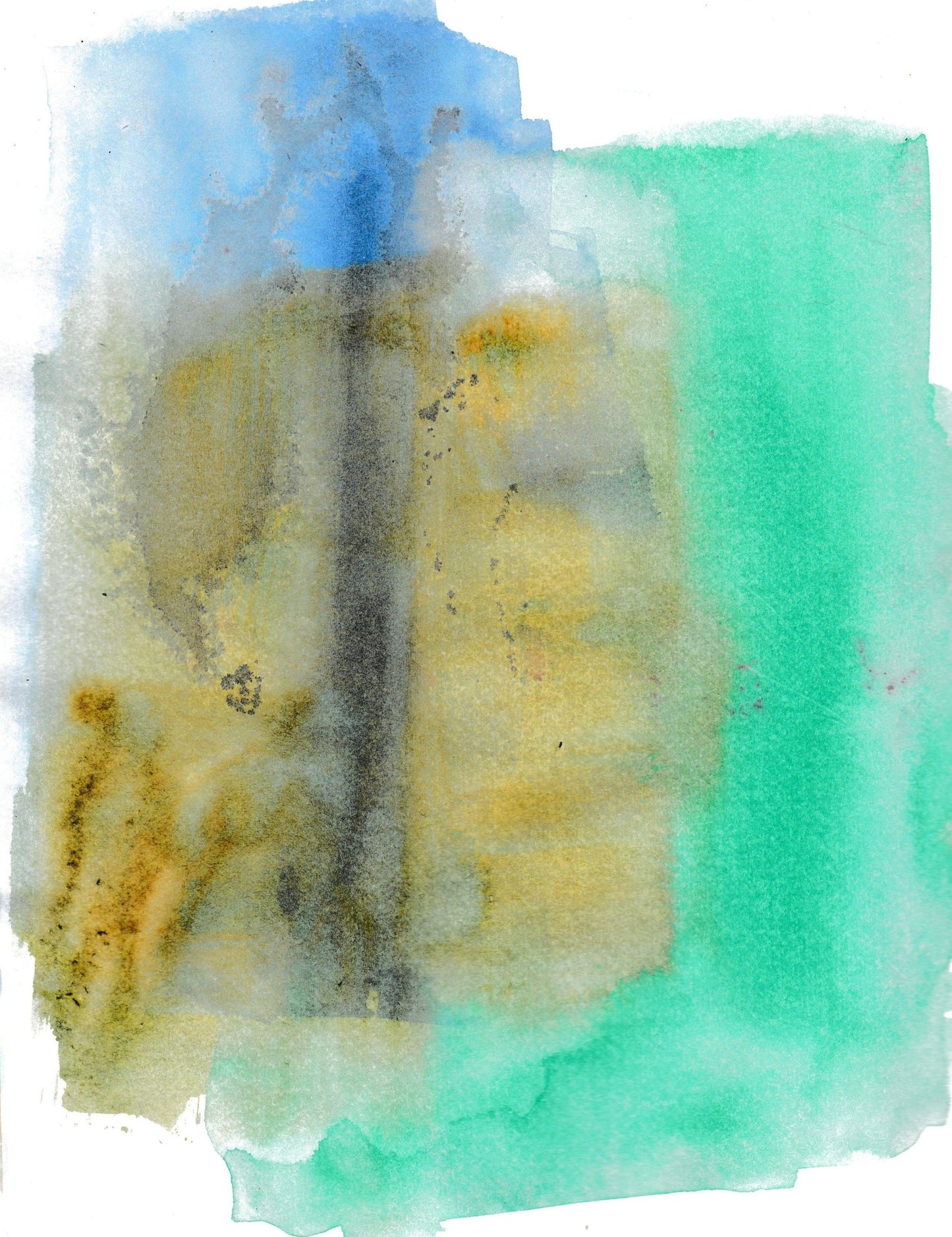 A section of a multicolored abstract painting featuring a blend of blue, green, and beige tones with textured brushstrokes.