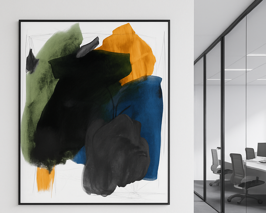 Abstract art print with colorful shapes in a modern office setting